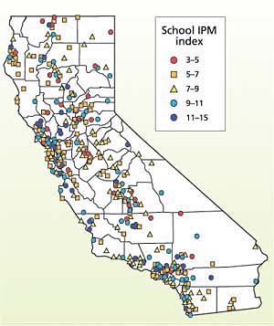 Map of California schools participating in Integrated Pest Management (IPM) programs.