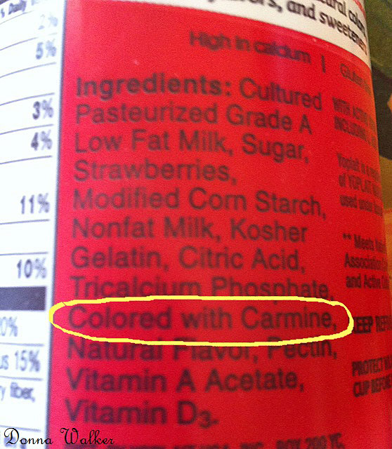 List of ingredients on yogurt with carmine